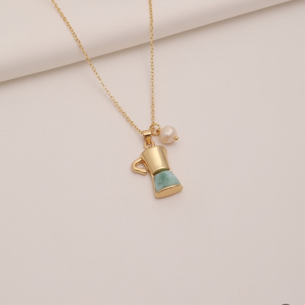 Gold and Green Coffee Pot Pendant Necklace